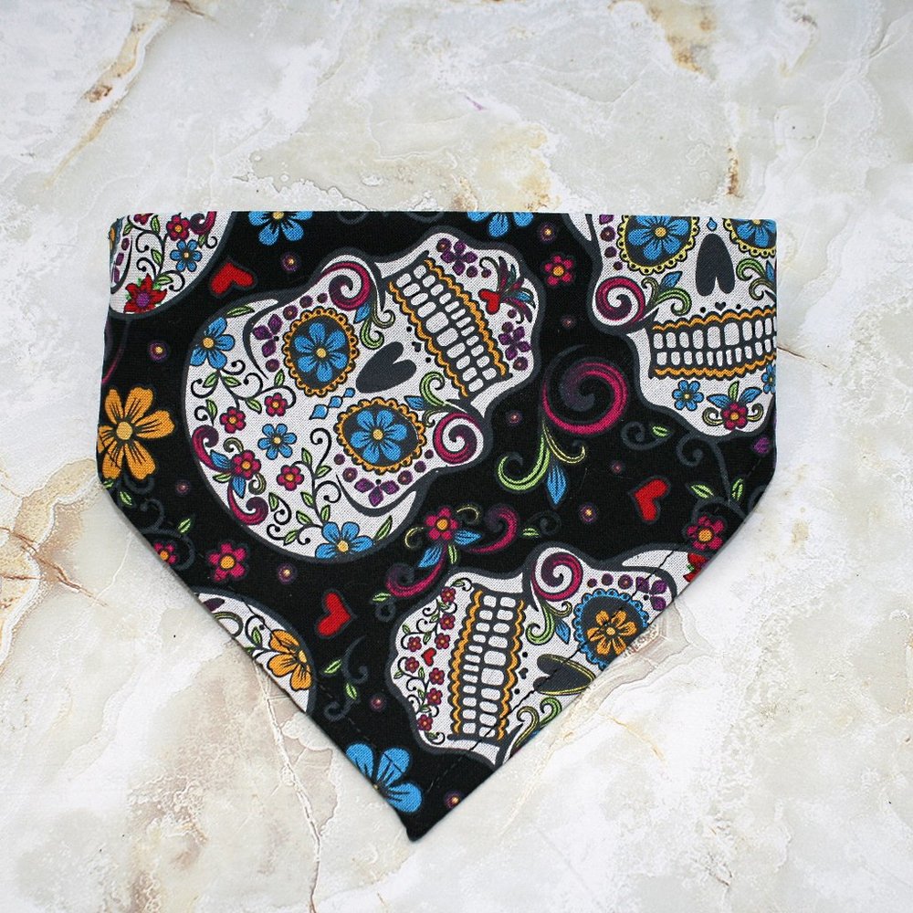 HAND CRAFTED Halloween Sugar Skulls Dog Cat Bandana Print Pet Scarf Accessory